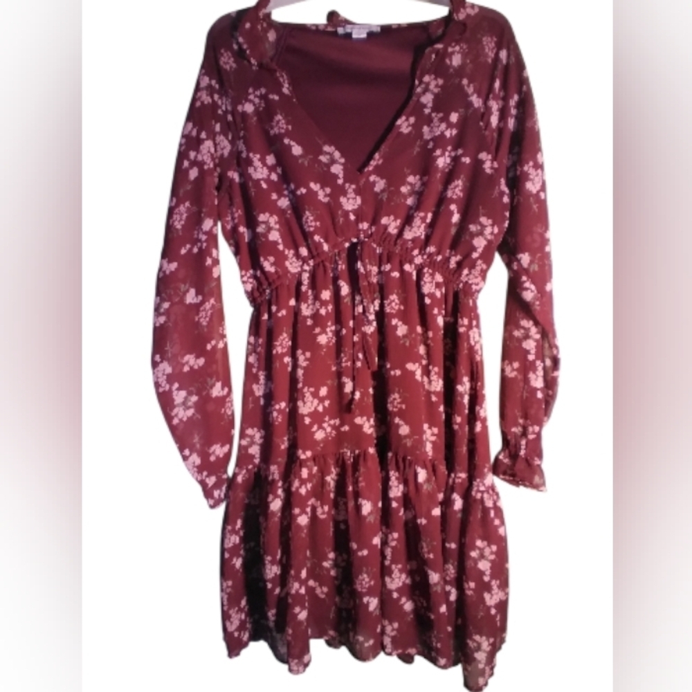 American Eagle Floral Burgundy Long Sleeve Dress M Layered Babydoll Dark Fairy